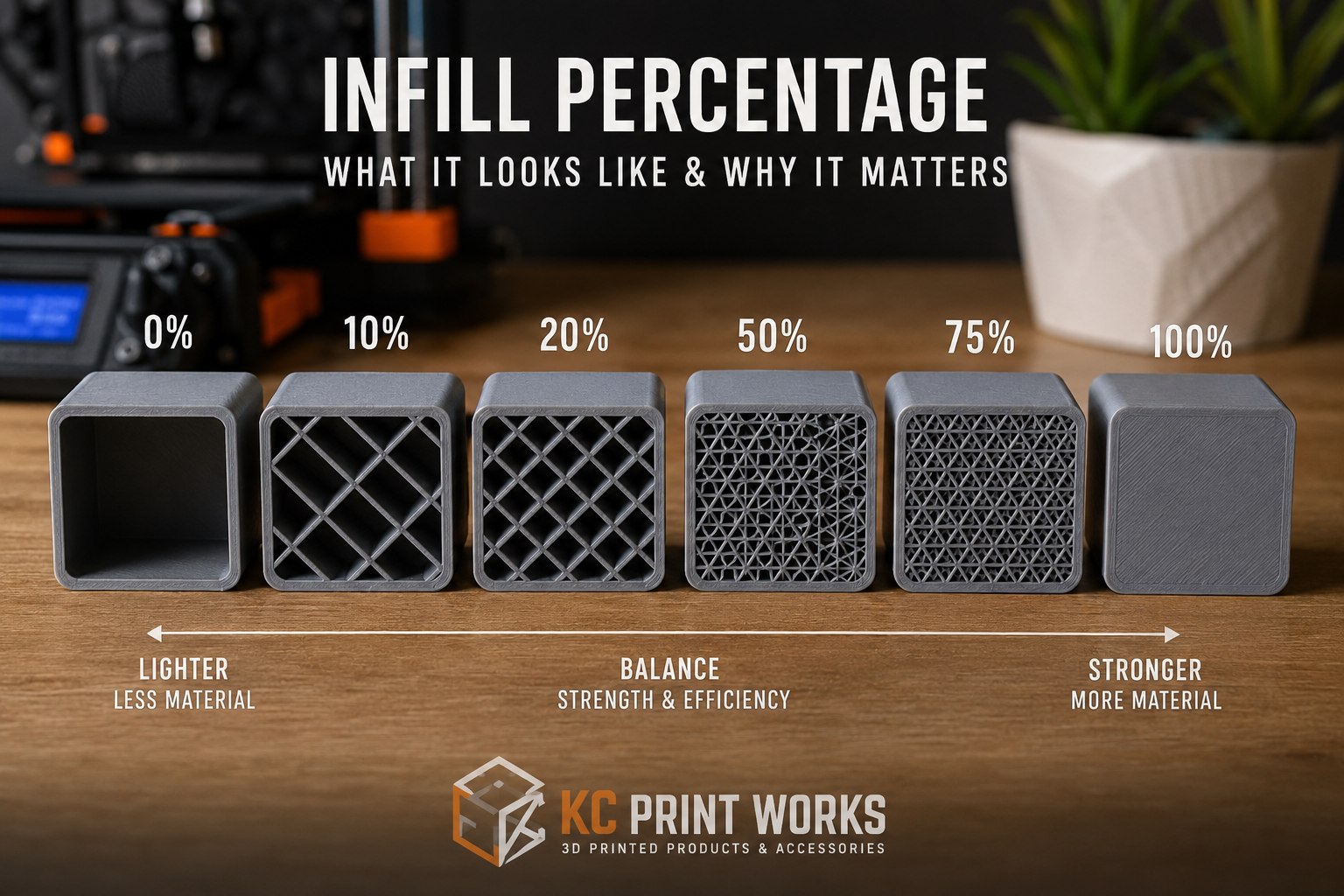 3D printed sample blocks showing different infill percentages from lightweight hollow prints to stronger solid prints