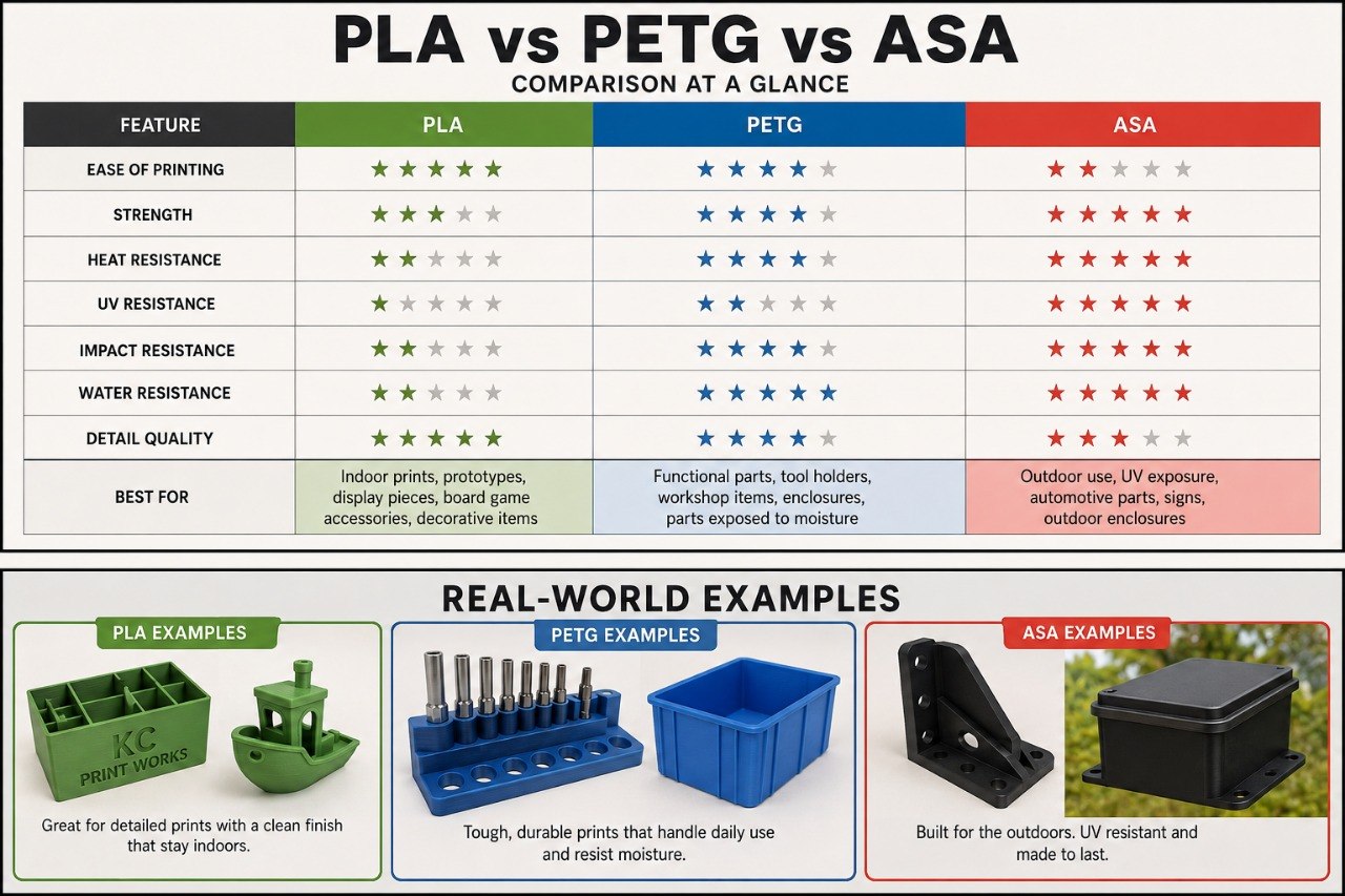 PLA vs PETG vs ASA comparison chart and real-world examples