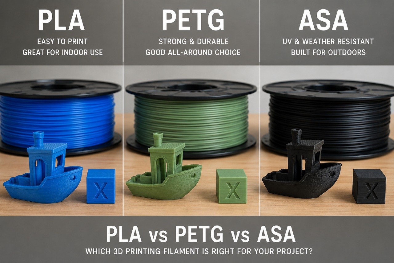 PLA, PETG, and ASA filament comparison showing easy indoor use, durable all-around use, and outdoor weather-resistant use.